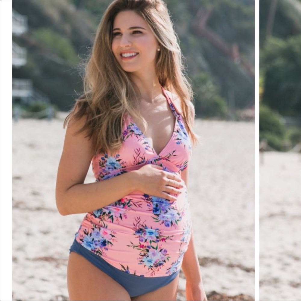 Pink blush floral maternity tankini